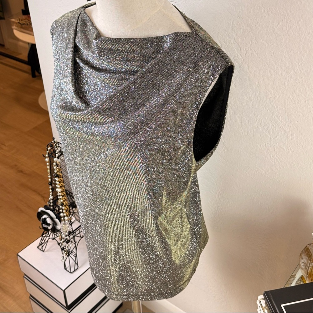NWT RtA Disco‎ Metallic Draped Cowl Neck Sleeveless Top Silver Gold M Edgy Luxe - Picture 3 of 12